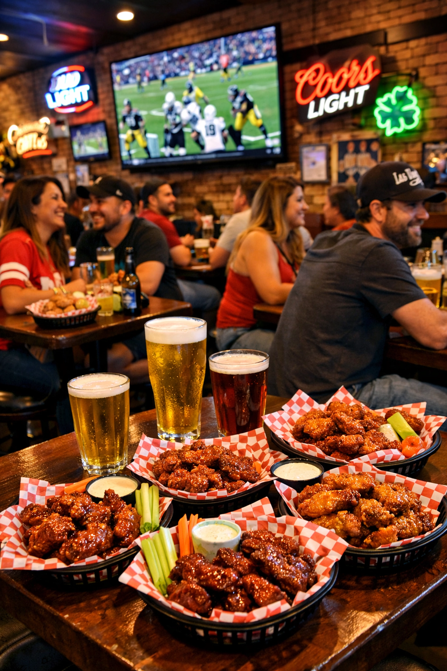 Las Vegas sports bar with chicken wings and patrons watching football on game day