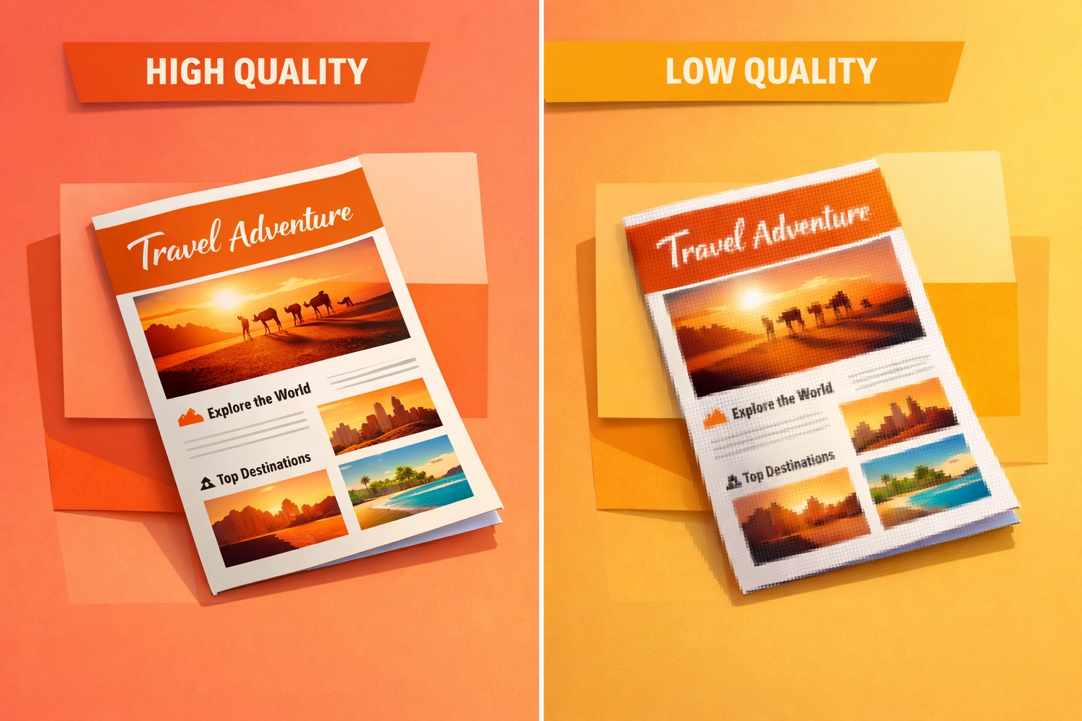 Comparison of high-resolution vs low-resolution print quality showing pixelation in 300 DPI files