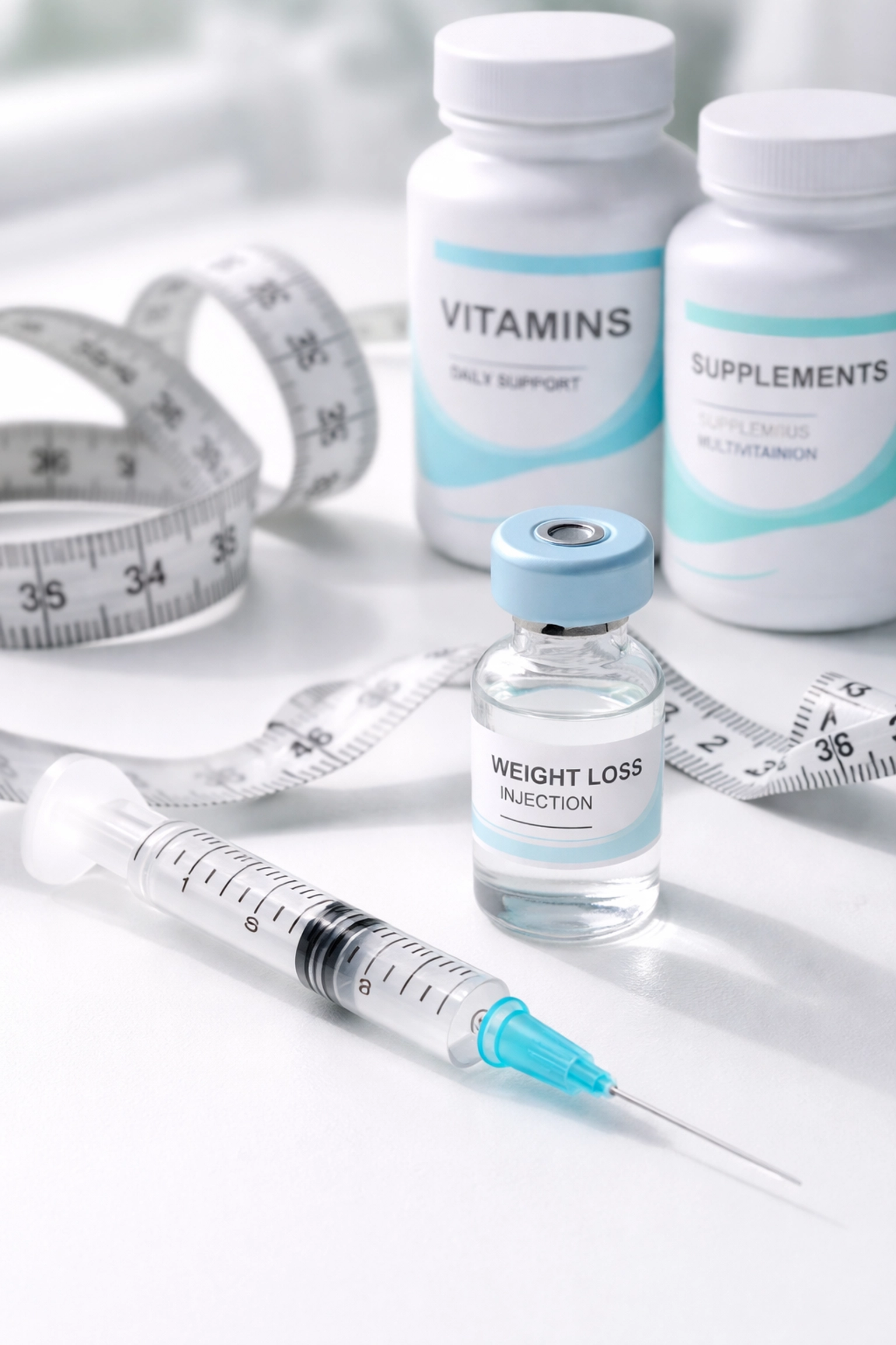 Medical weight loss supplies and vitamins on white surface, highlighting supervised program options in Naples