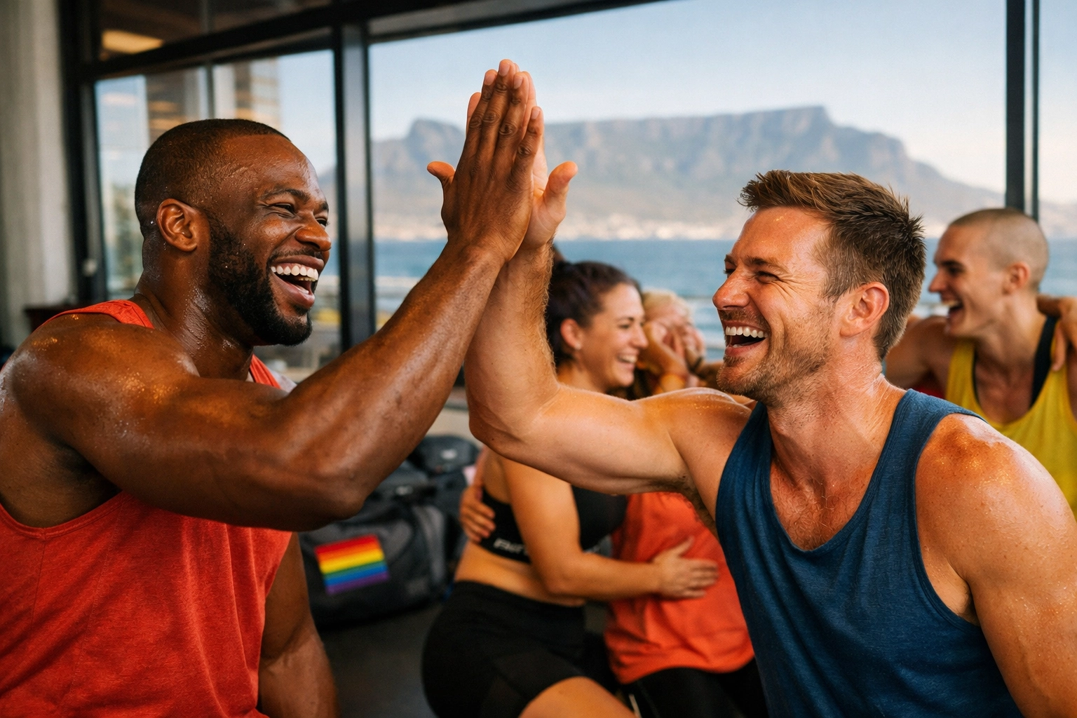 LGBTQ+ athletes celebrating together in Cape Town gym - queer community support