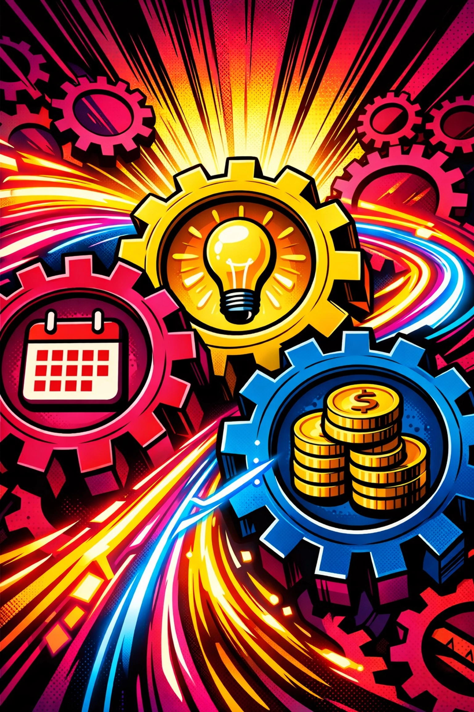 Vibrant illustration of gears symbolizing an automated business engine and seamless data synchronization.