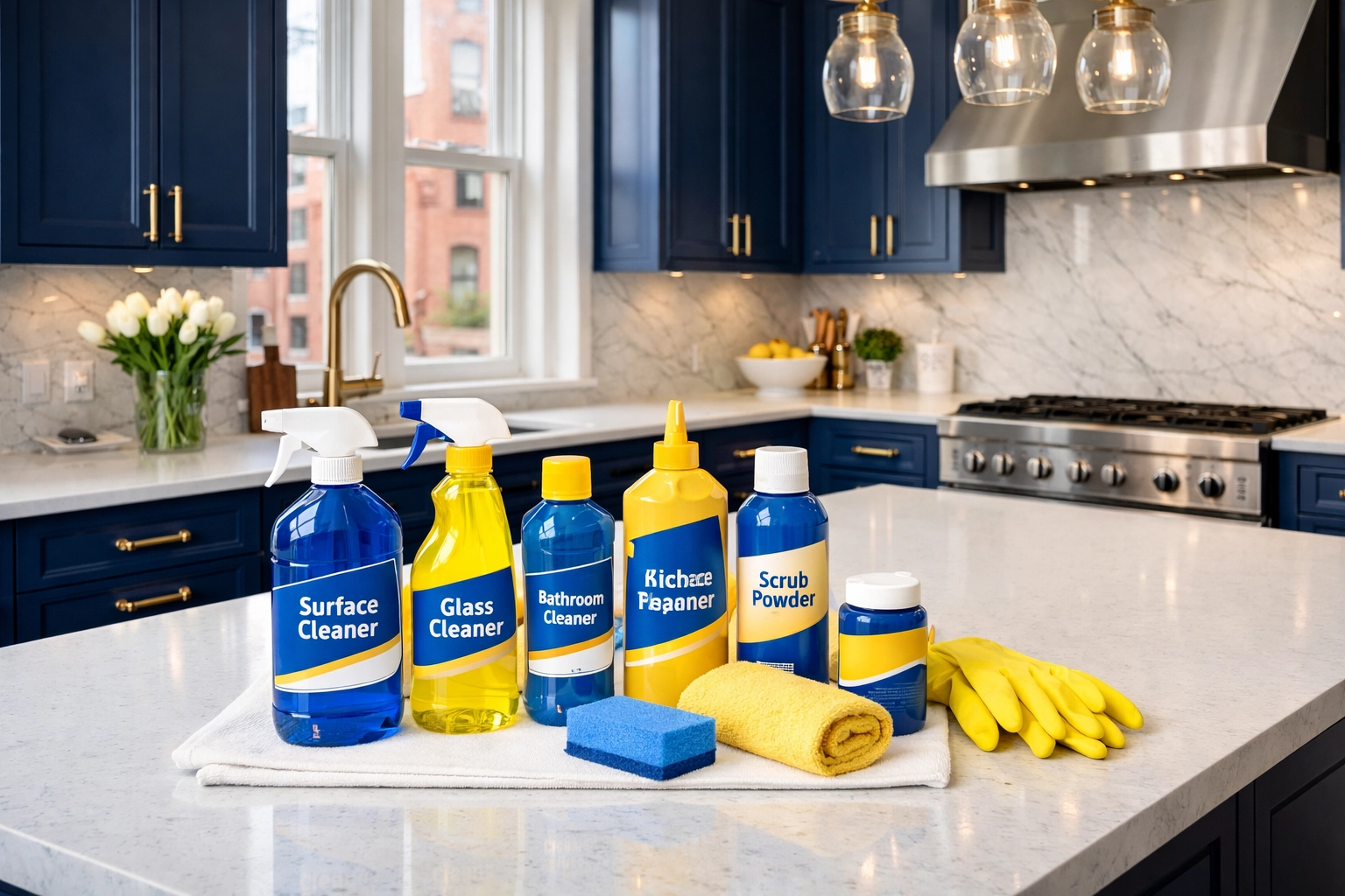 Professional post-construction cleaning in a Boston kitchen with blue cabinets and white countertops.