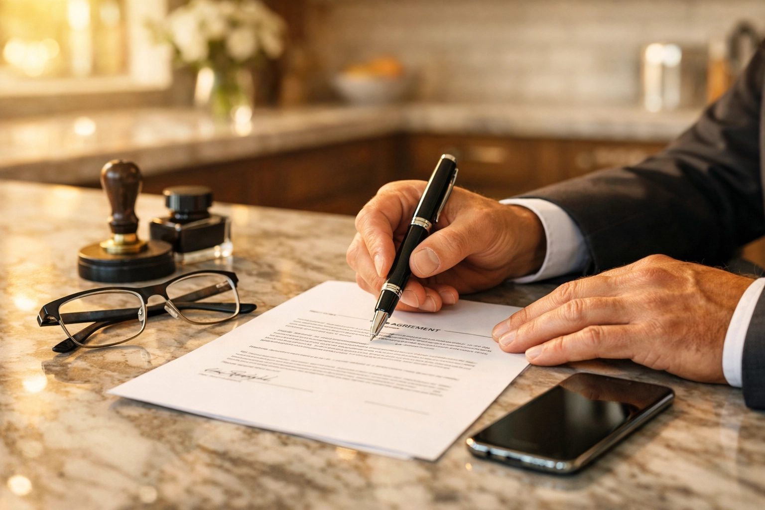 Professional notary public in Philadelphia PA performing a mobile document signing at a client's home office.