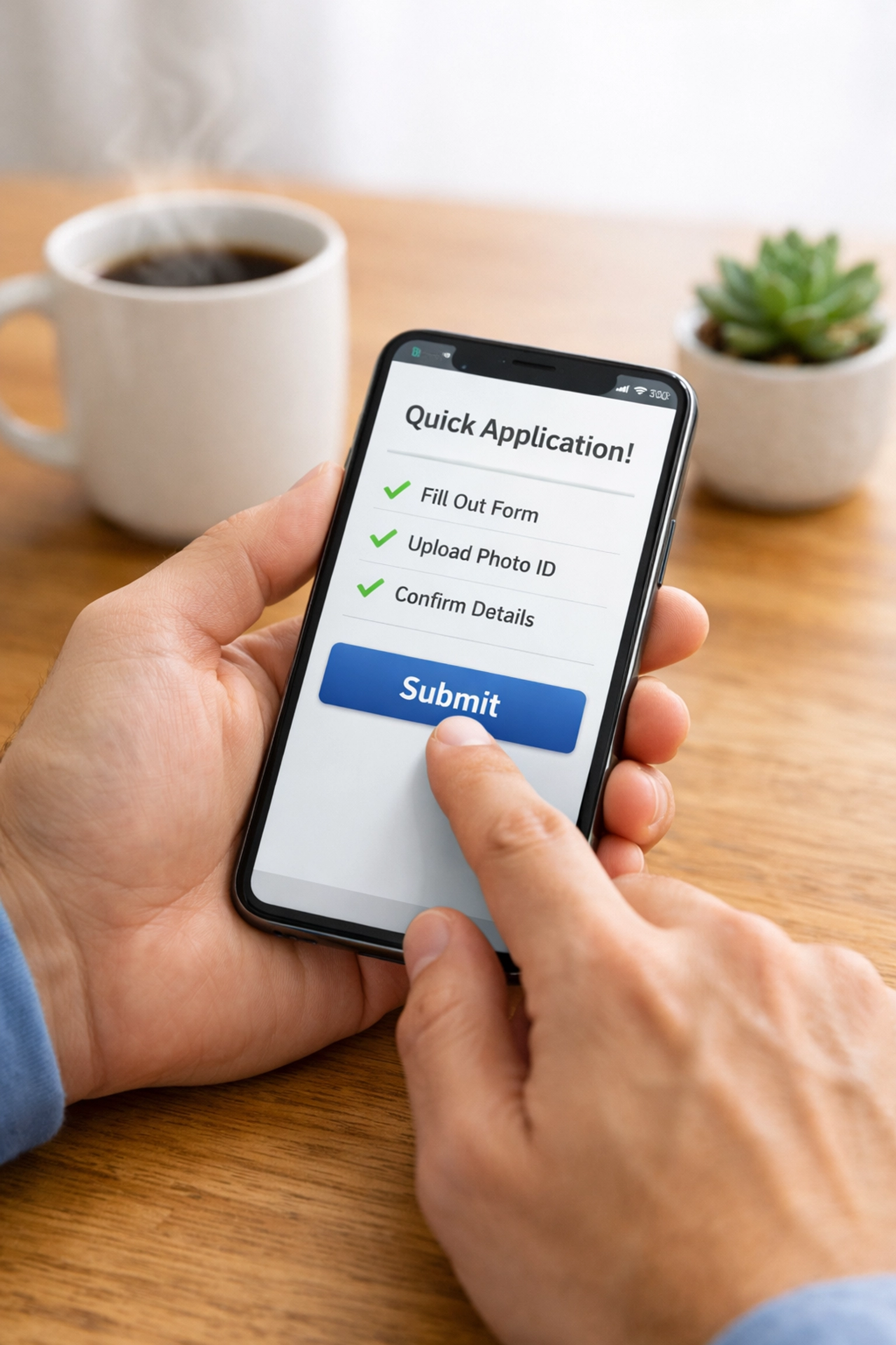 Hands using a smartphone to sign for a no credit check loan canada at home on a wooden table.