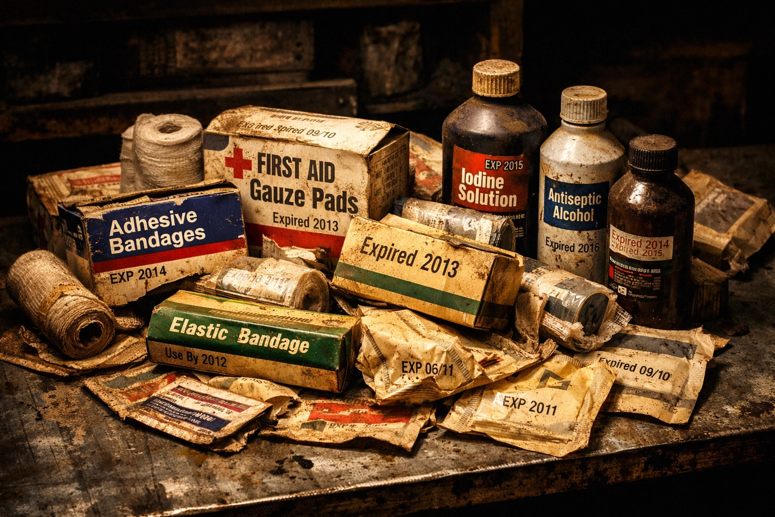 Expired first aid supplies showing waste from inadequate maintenance and restocking