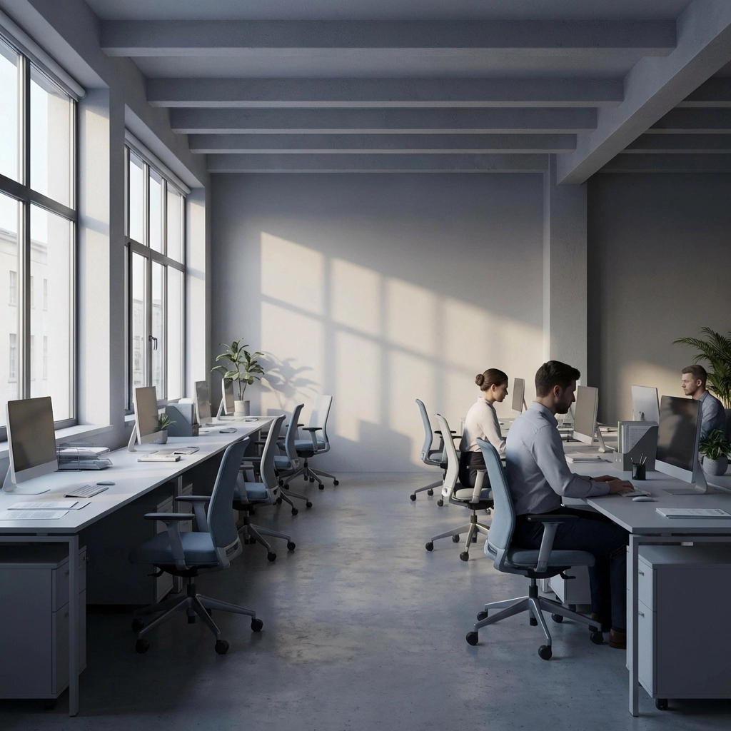 A modern office with empty and occupied desks, representing uncertainty in the 2026 job market and employment outlook.