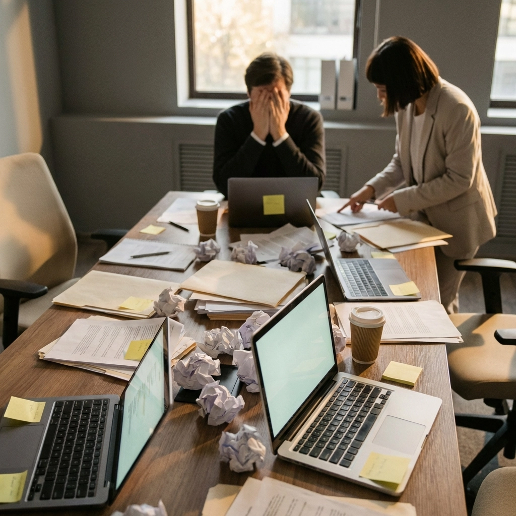Overwhelmed MSP owner during due diligence, cluttered table with files and laptops showing chaotic exit planning