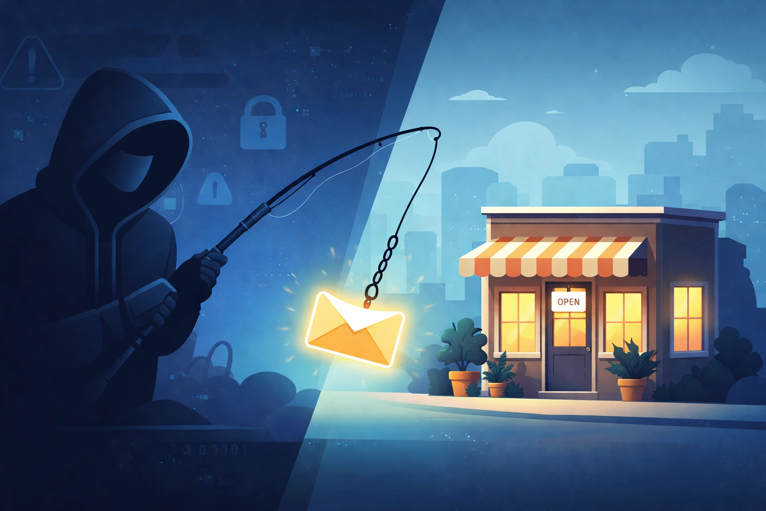 Illustration of a hacker targeting a small business with a phishing email, highlighting cybersecurity risks in Sarasota County.