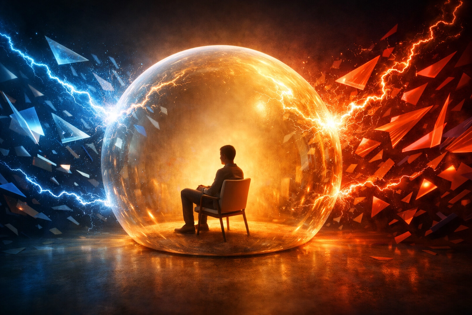 Person protected by a glowing shield from digital news distractions, symbolizing healthy digital boundaries.