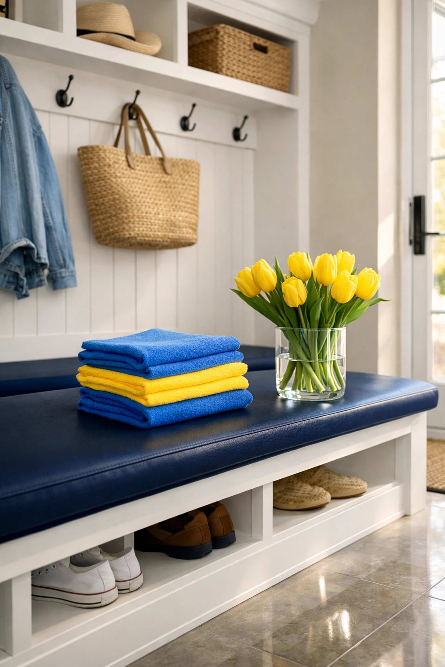Organized home entryway with cleaning supplies representing a fresh weekly house cleaning in Leominster.
