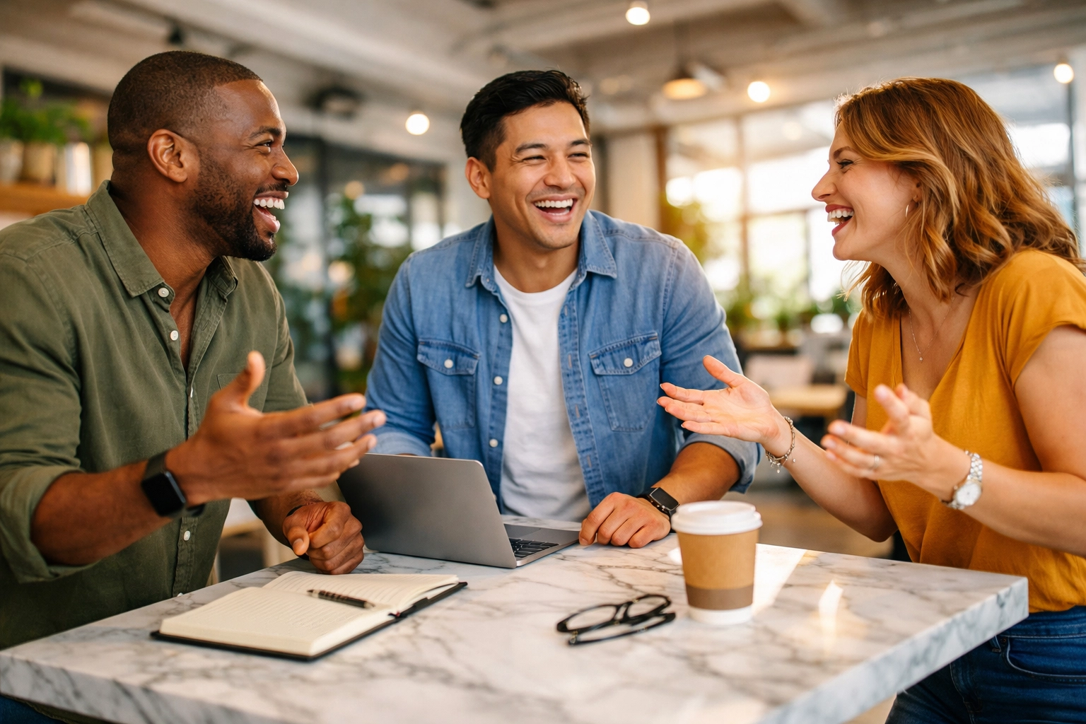 Equipo de trabajo colaborando de pie para alinear objetivos rápidamente y aumentar productividad.