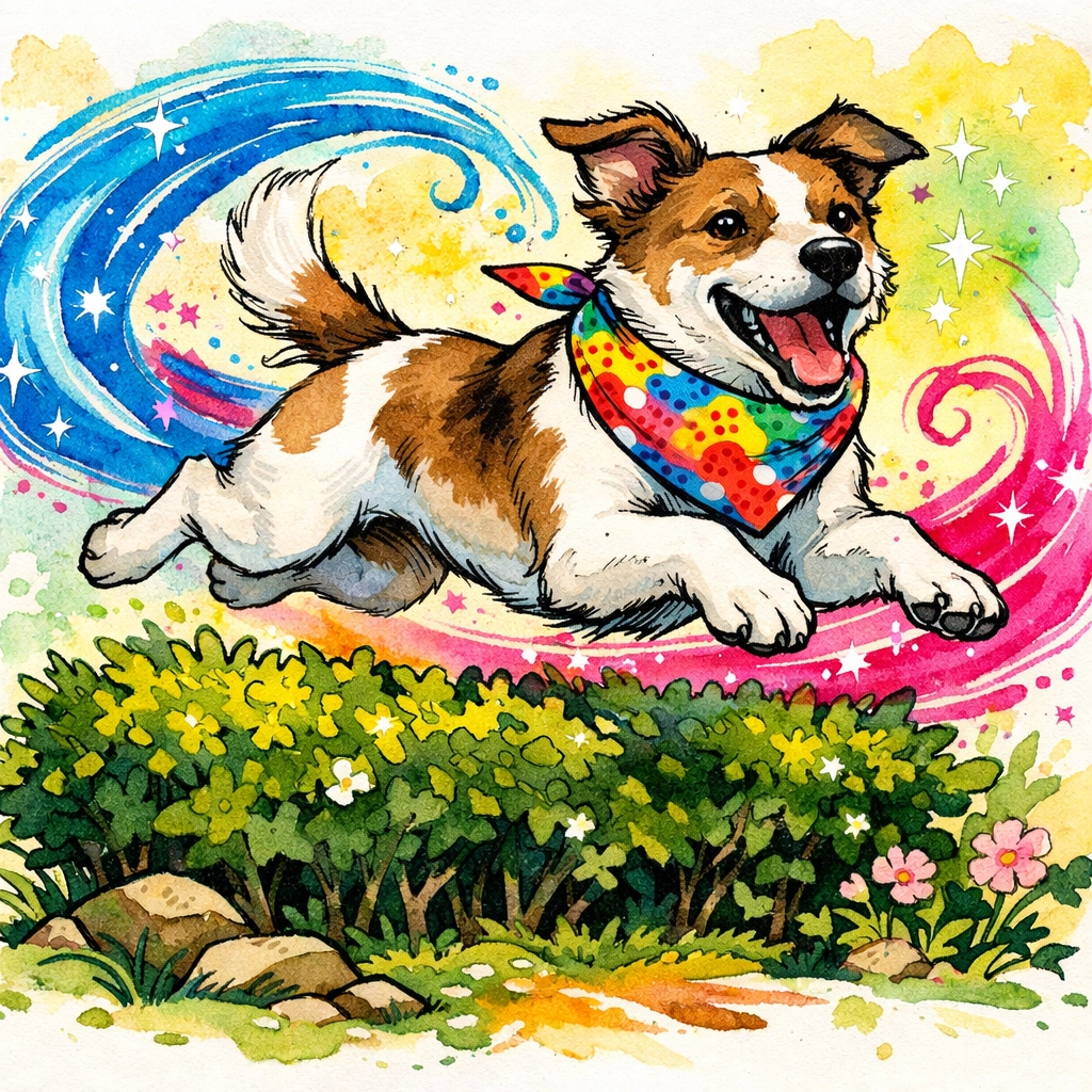 A happy rescue dog in a colorful bandana leaping with joy after finding a forever home.