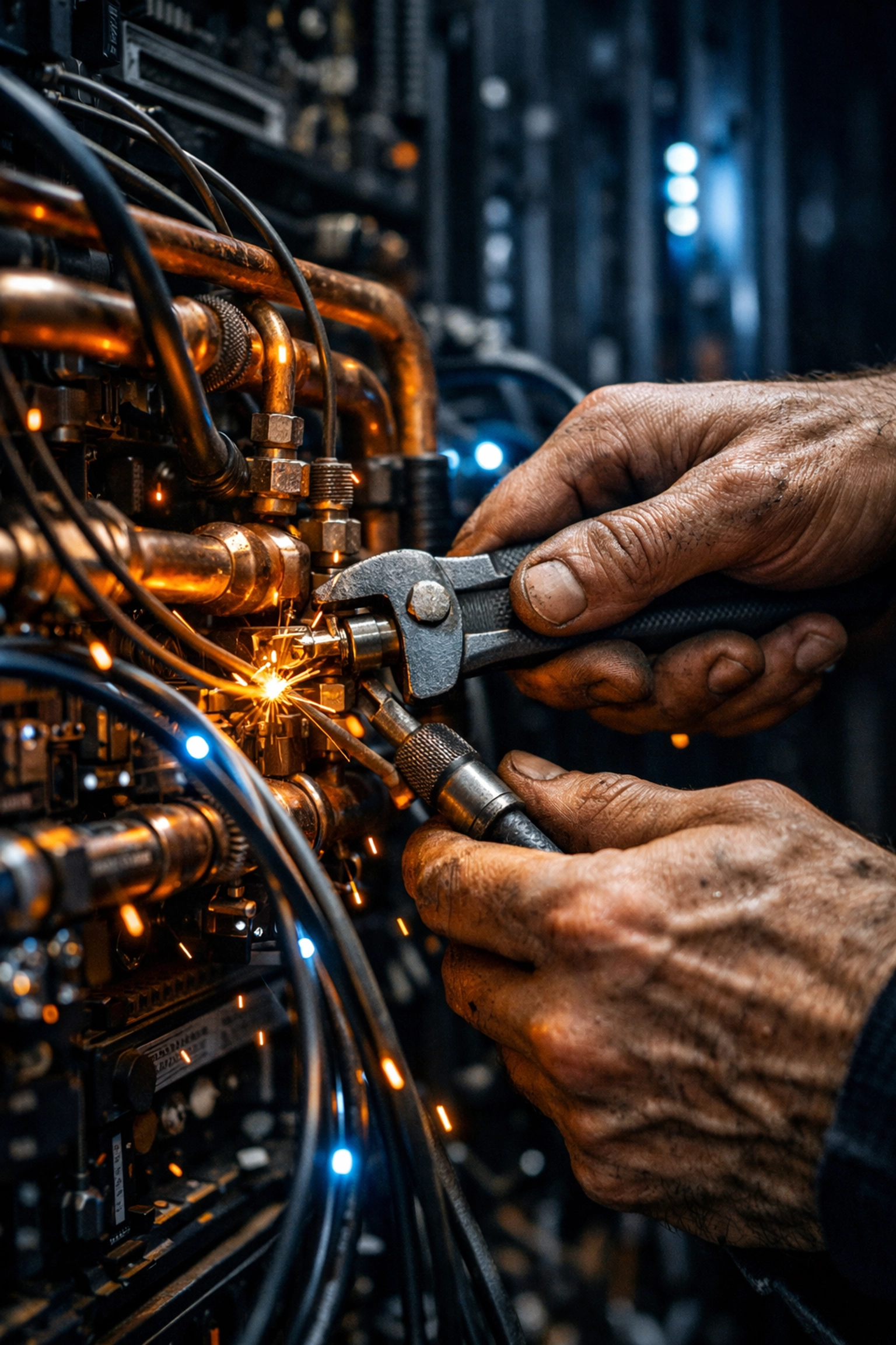 Skilled technician manually repairing fiber-optic cables in a high-tech server room.