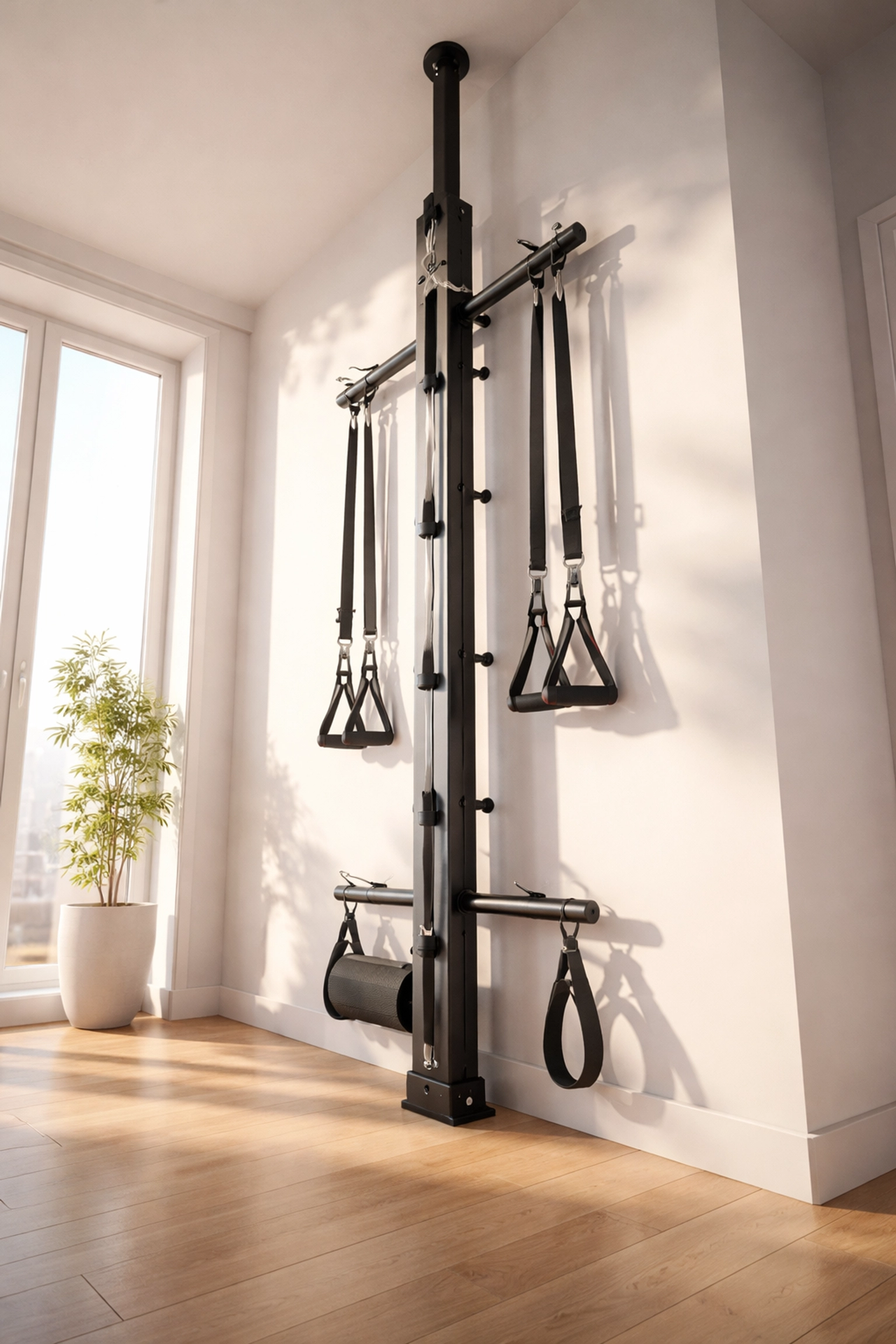 Modern floor-to-ceiling home gym rail system in a bright apartment, emphasizing no-wall-damage and space-saving full body workouts.