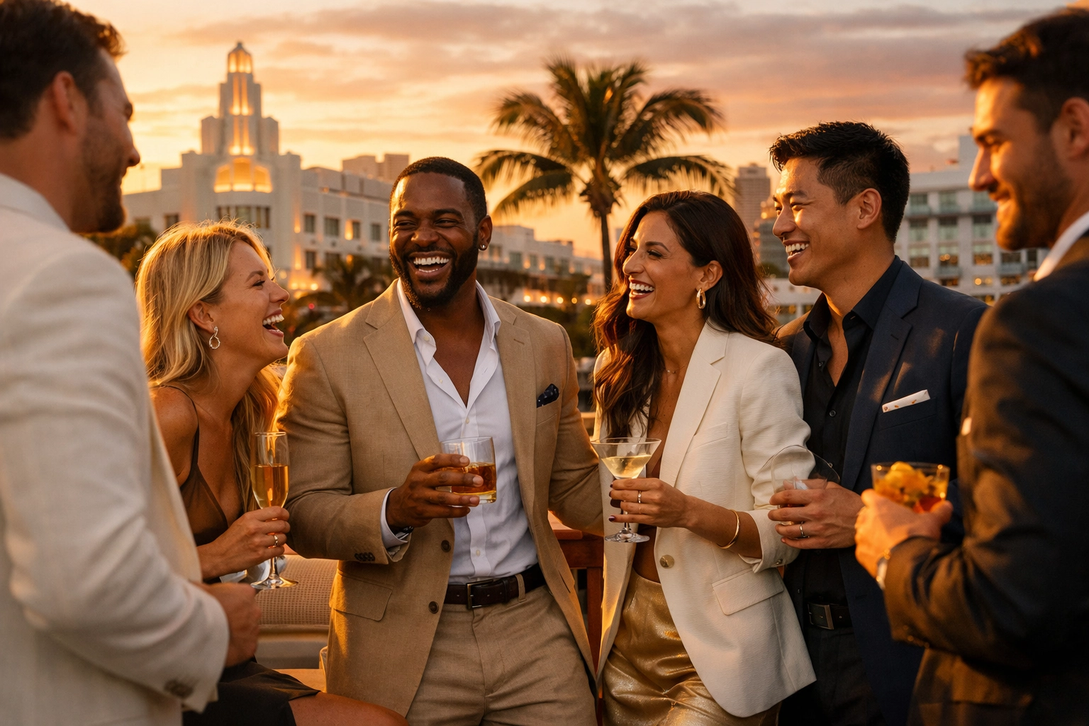 Luxury brand photography in Miami featuring a lifestyle scene on a sunset rooftop terrace