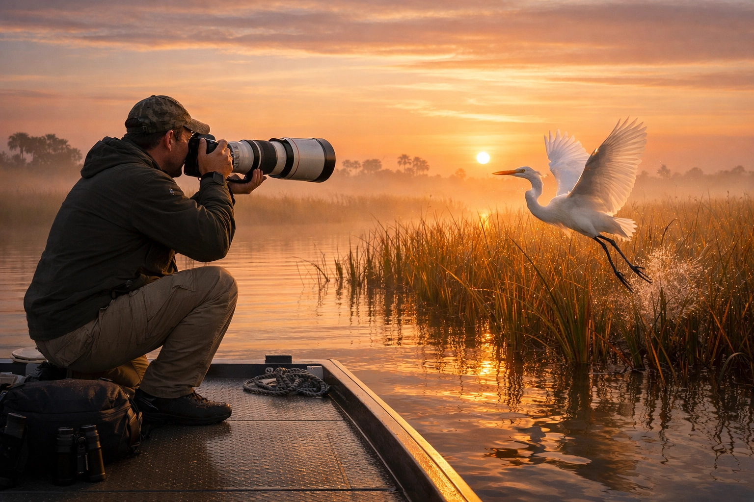 How to Choose the Best Wildlife Photography Tours in the Everglades (Compared) 1 Photographer on an Everglades wildlife photography boat tour capturing a Great Egret at sunrise.