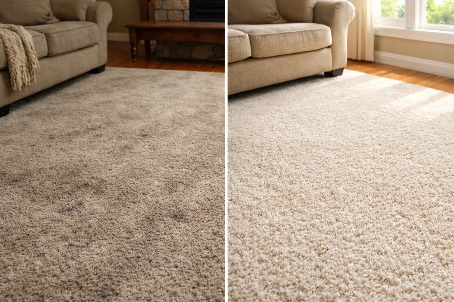 Before and after carpet cleaning comparison showing restored carpet in Berks County home