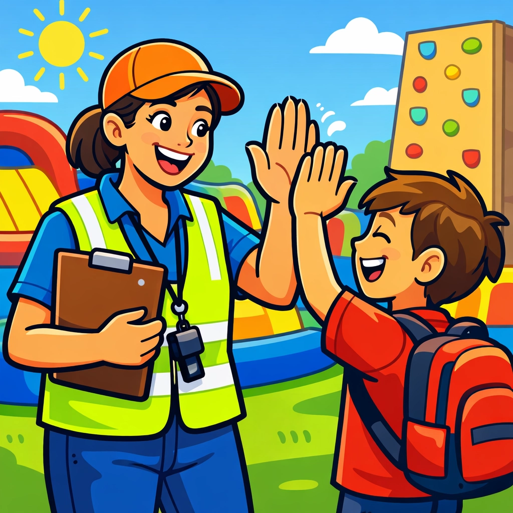 Ontario School Fun Fairs: Turnkey Fundraising & Inclusive Student Events 4 Trained safety staff high-fiving a student at an Ontario school fun fair with colorful inflatable attractions.