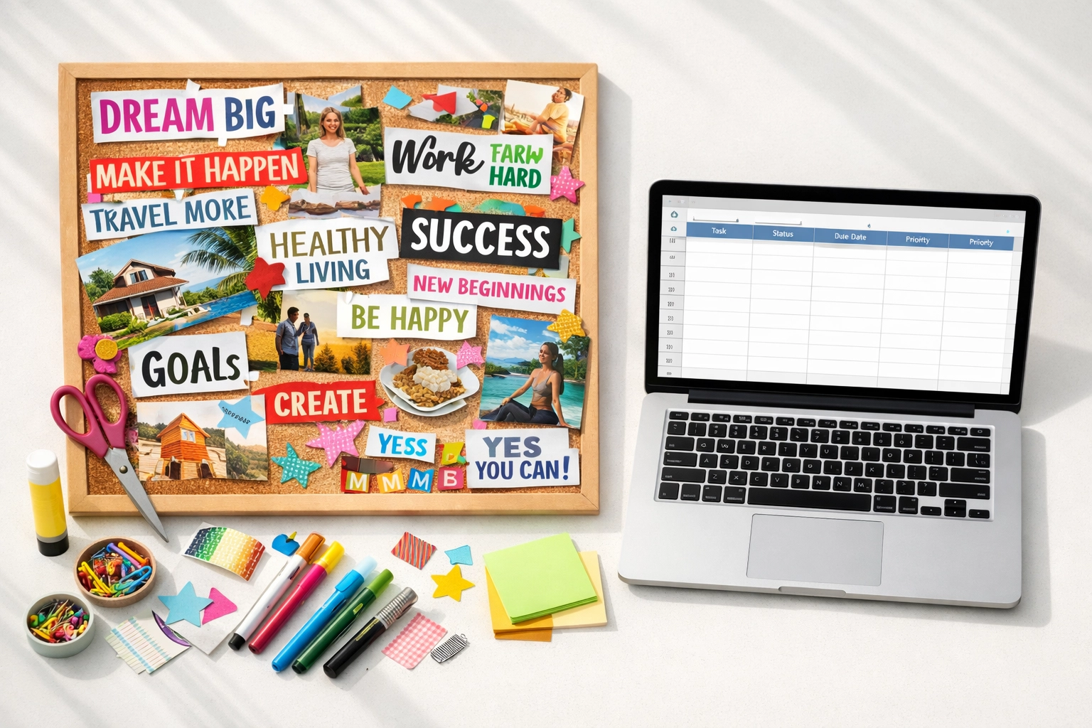 Vision board with craft supplies next to laptop showing business planning tools
