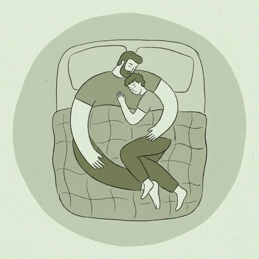 Tall man embracing shorter partner in bed - intimate MM romance height difference