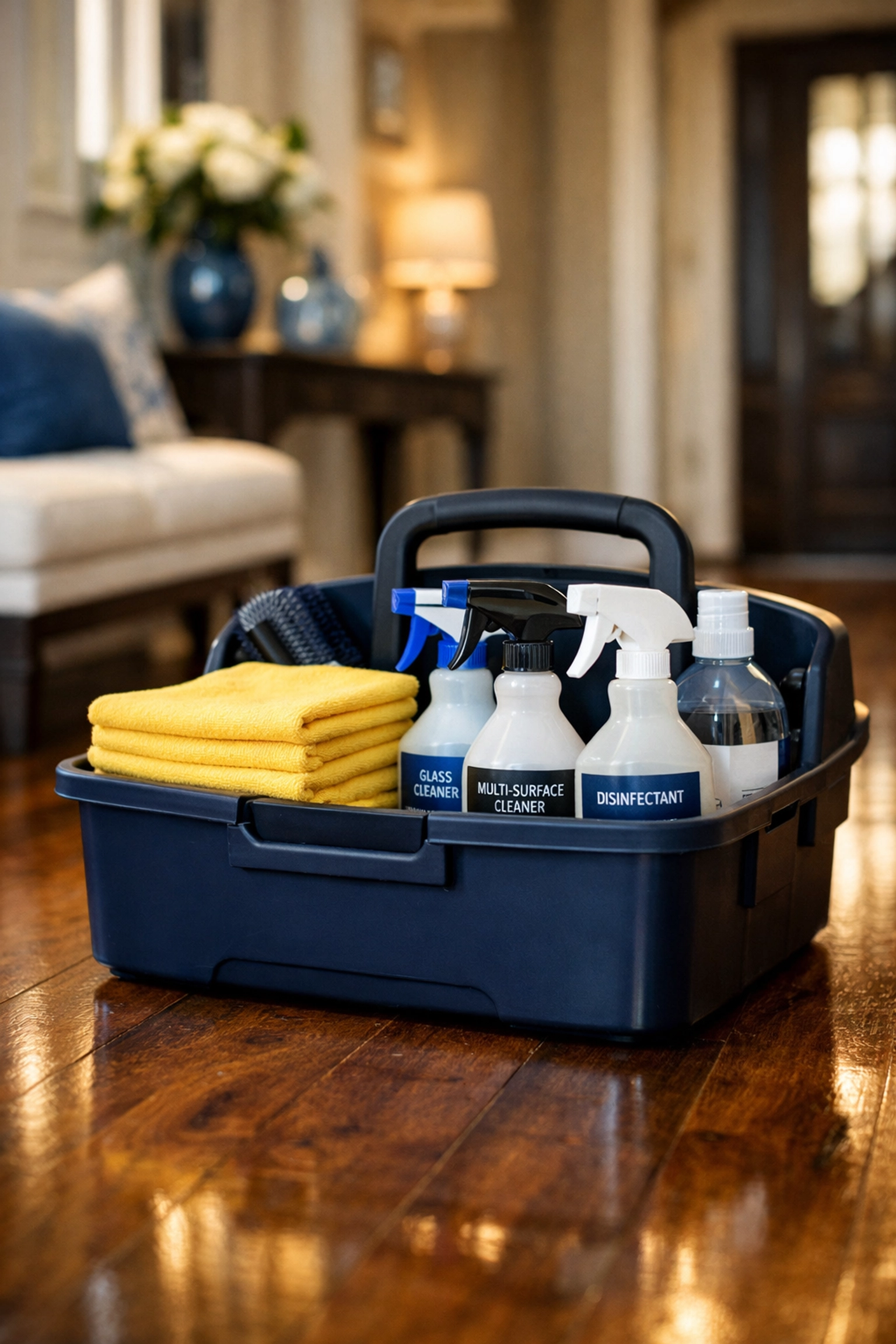 Professional cleaning caddy with navy blue and yellow tools on polished hardwood floors for scheduled weekly service.