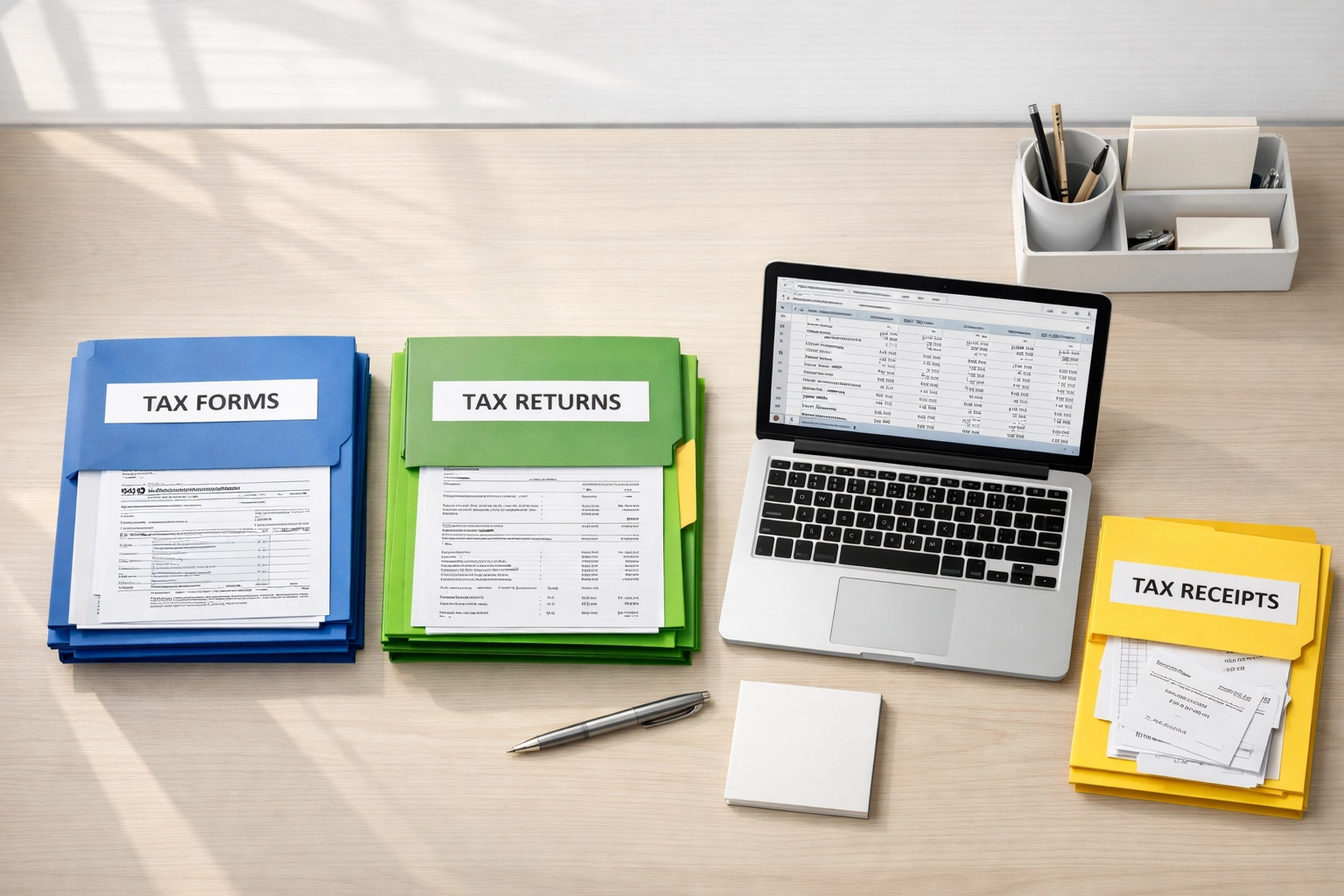 Organized tax documents in color-coded folders for ERO batch processing efficiency