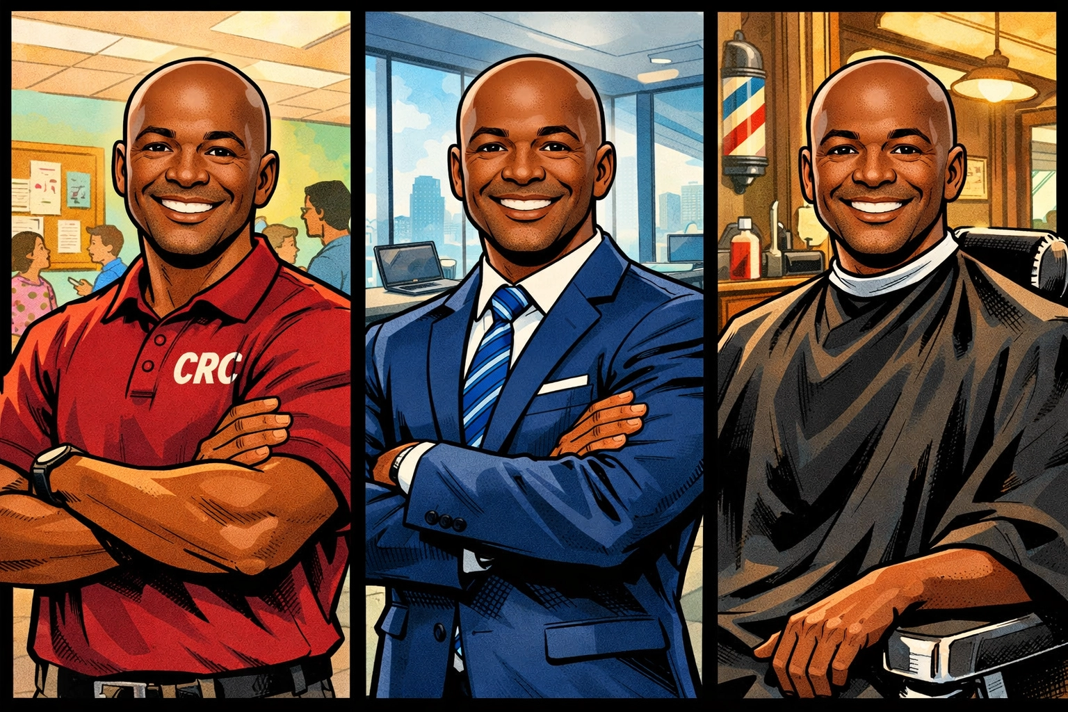 Professor Antonio in CRC polo, suit, and barber cape for Word of the Day program