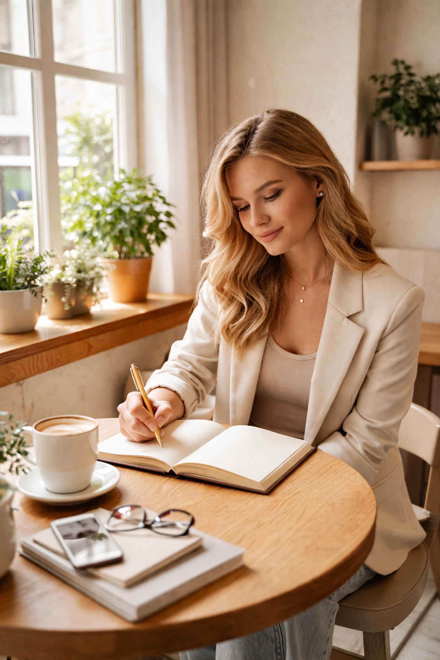 Female entrepreneur journaling and reflecting