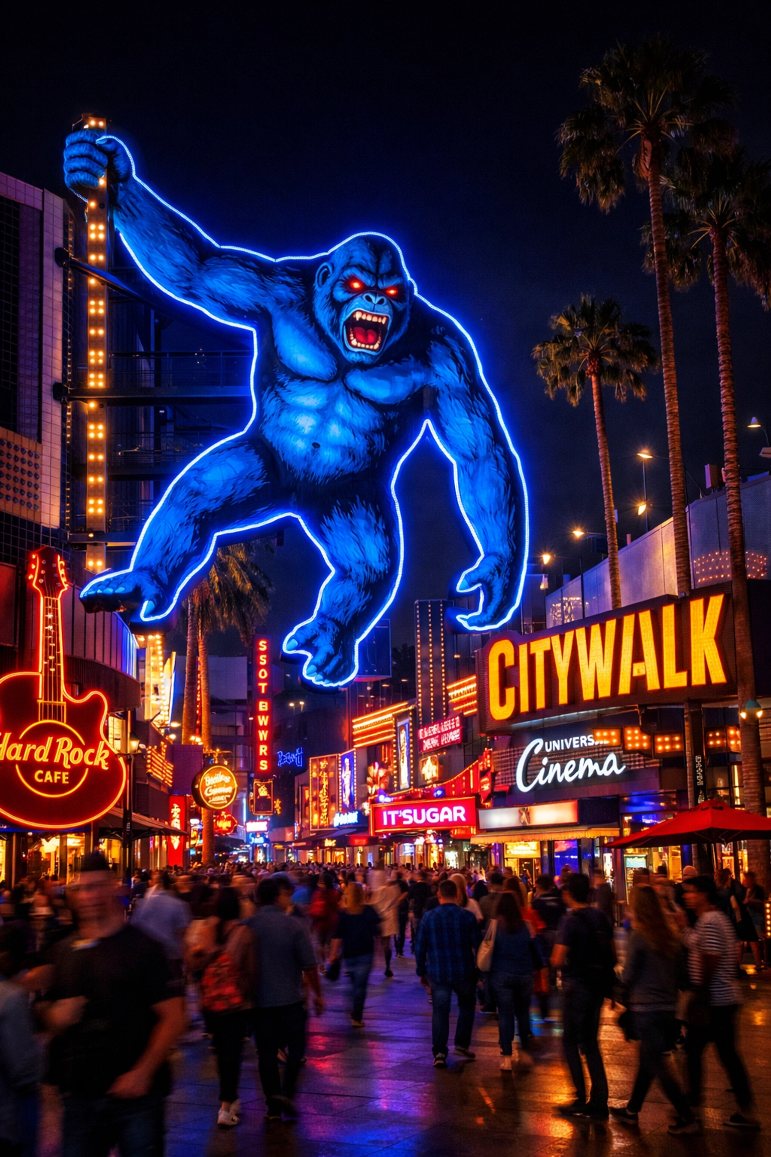 Universal Studios Hollywood Photography Guide 2026: 20 Iconic Photo Spots to Get You Started 4 The neon King Kong at Universal CityWalk, a prime photography location for night-time park shots.