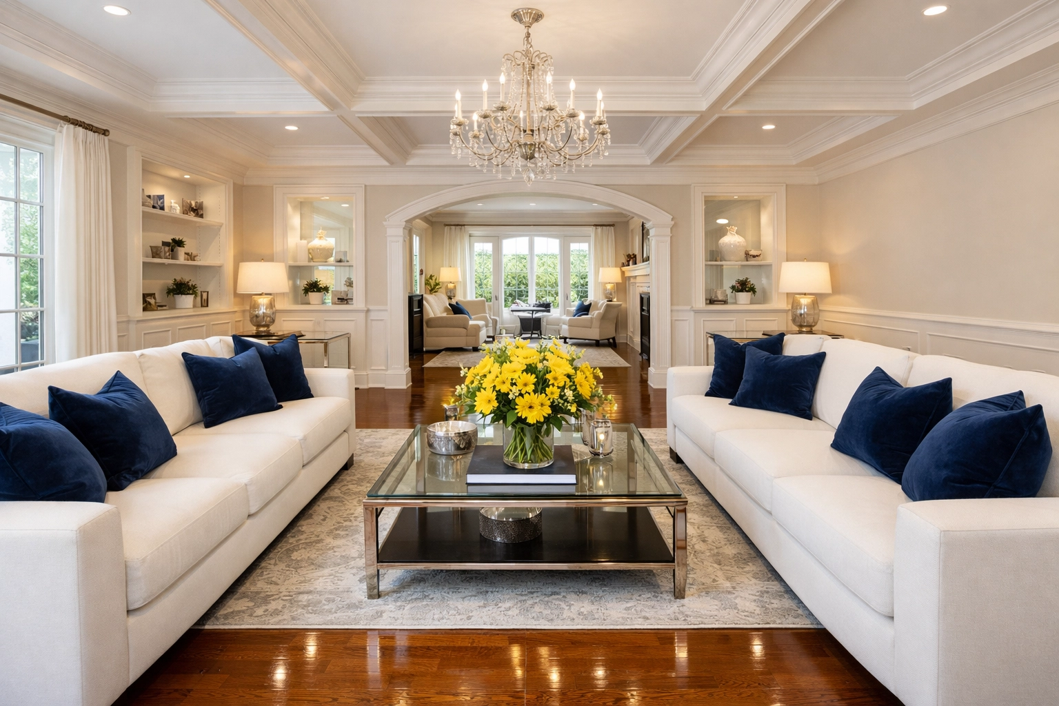A pristine Dover living room after luxury residential cleaning Massachusetts, offering total home stress relief.