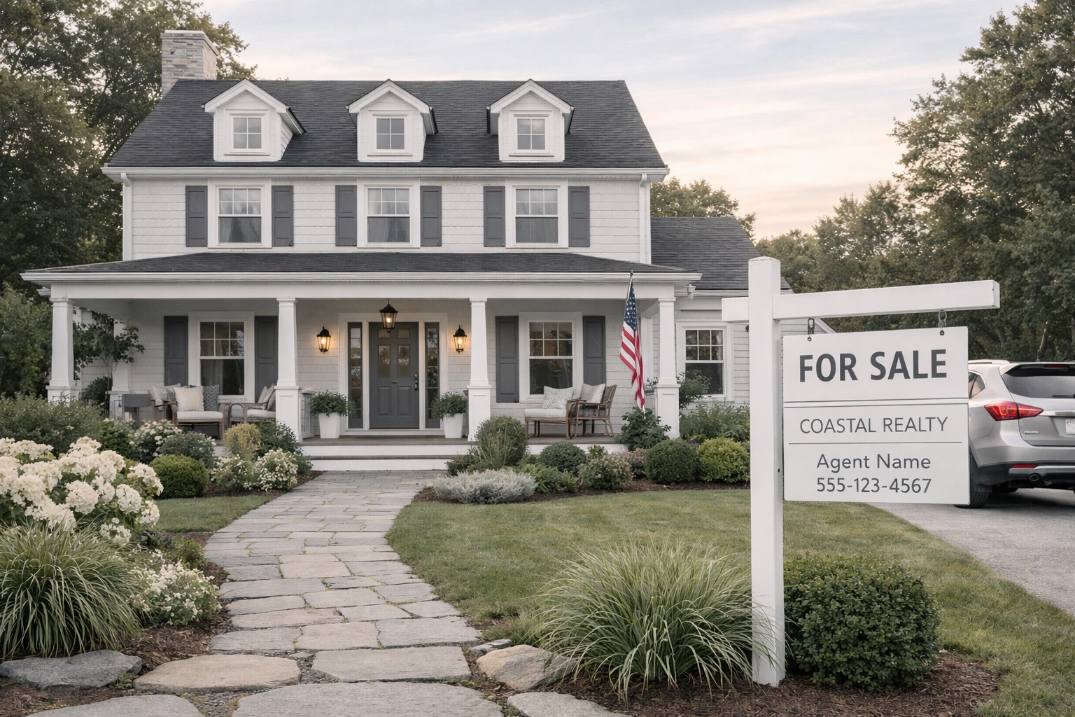 Well-staged colonial home for sale in Melrose MA with professional landscaping