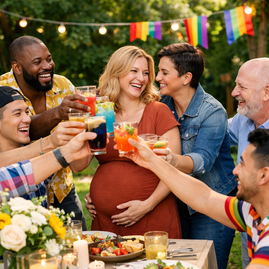 A pregnant lesbian couple celebrates their baby shower with a group of friends and chosen family outdoors.