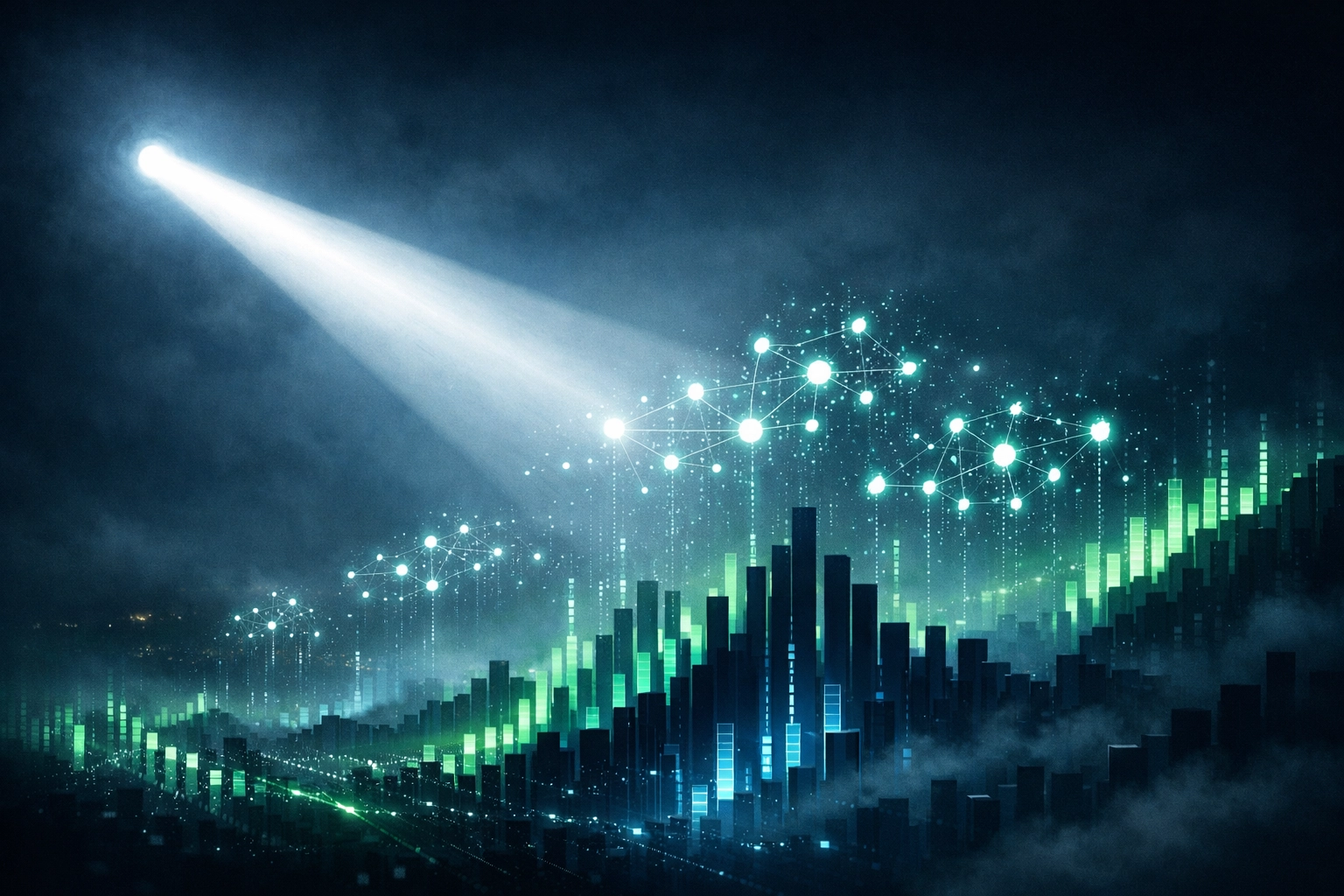 A bright searchlight illuminating digital data nodes and charts for SEO and social media lead generation.