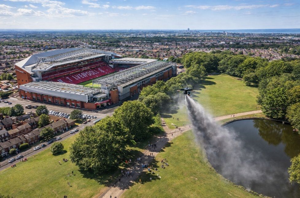 Drone releases ashes over Stanley Park near Liverpool’s iconic Anfield Stadium