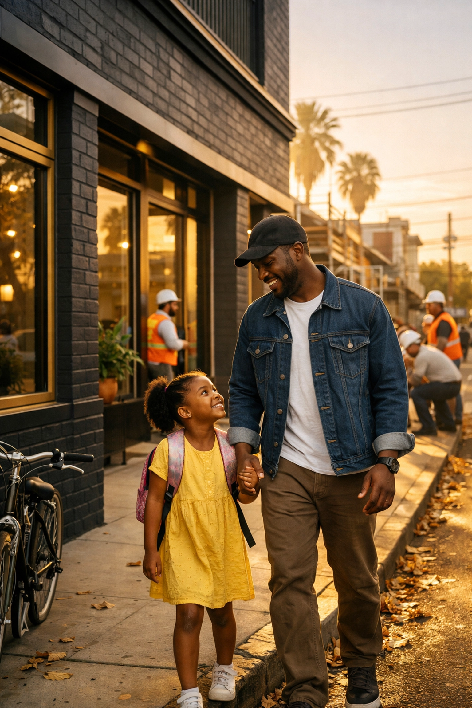 Father and daughter walking past a local storefront, illustrating the community impact of social impact investment.