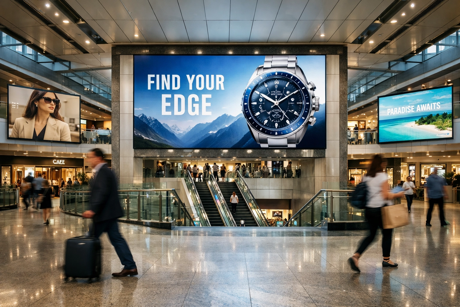 Digital media walls integrated into a modern transportation hub for targeted retail advertising.