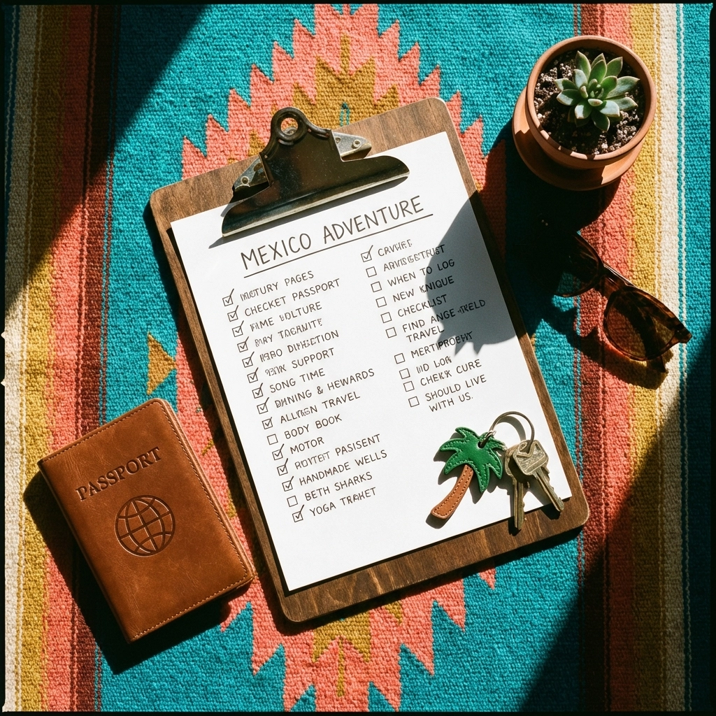 Newcomer's rental checklist with travel essentials on a Mexican blanket, emphasizing apartment hunting preparation in Puerto Vallarta.