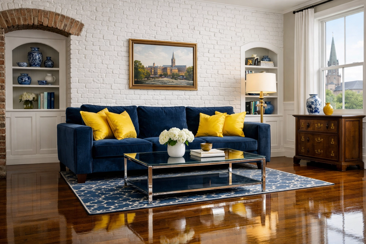 Spotless modern living room with polished hardwood floors cleaned by a deep cleaning Worcester team.