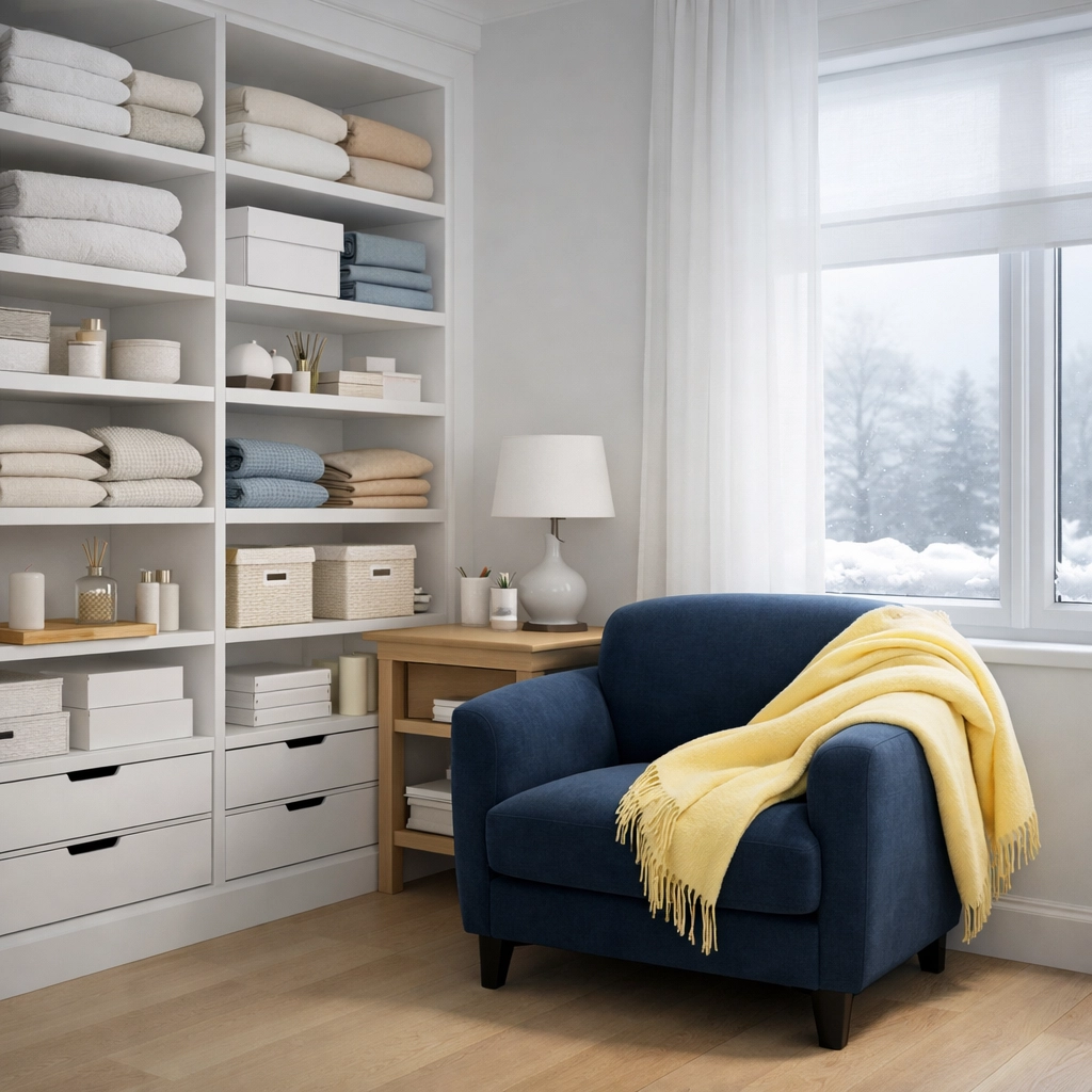 Organized walk-in closet with white shelving, part of a winter deep cleaning Wayland MA project.