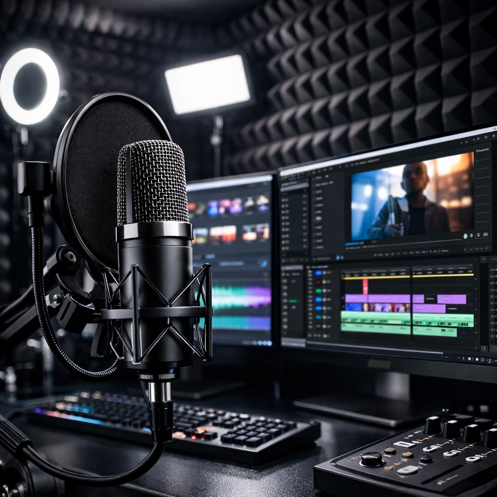 Professional content creation pod featuring a high-end microphone and video editing workstation setup.
