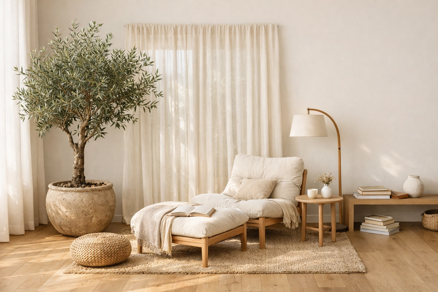 Modern home renovation showing a sunlit living room with a minimalist reading nook and olive tree.