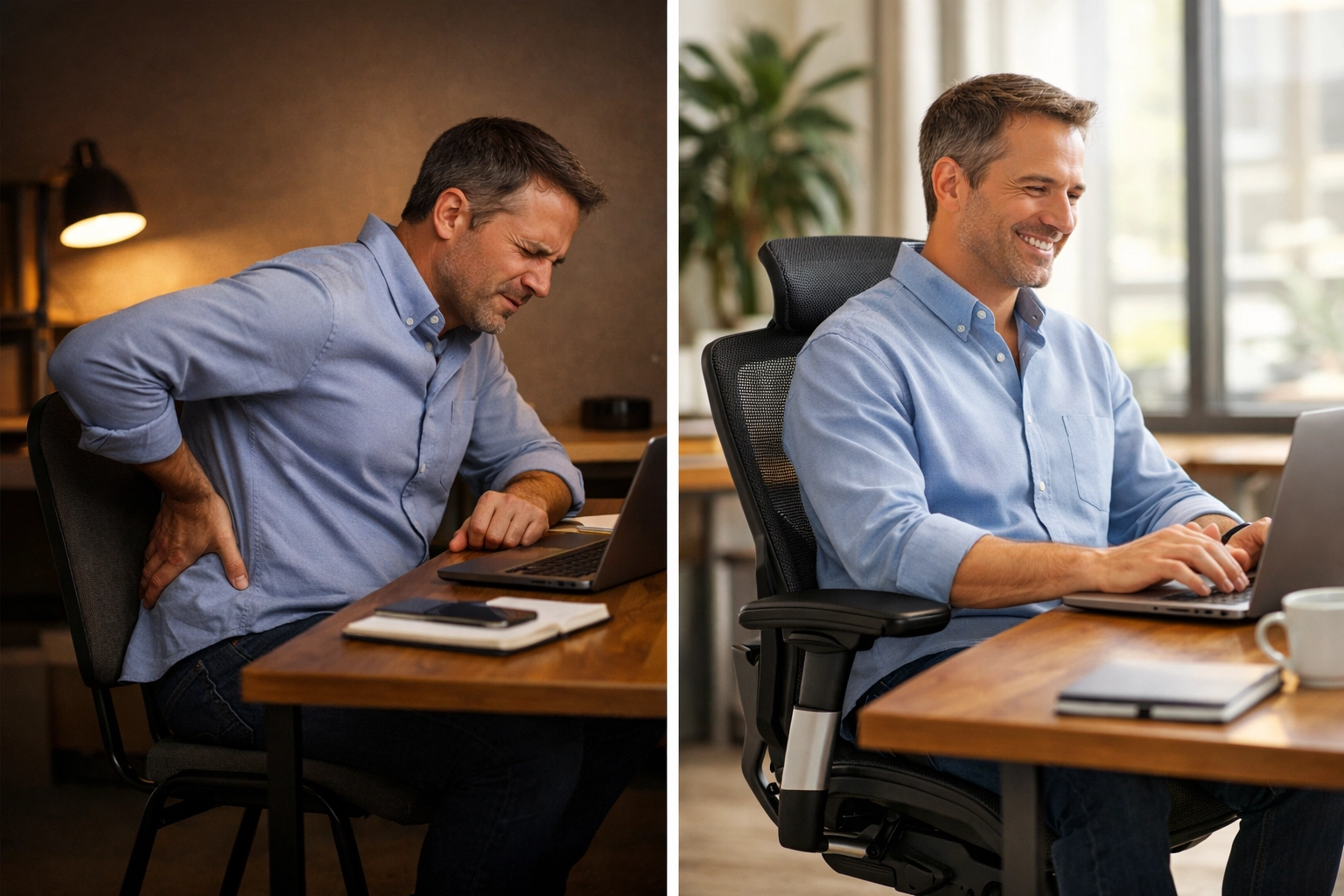 Comparison of poor posture in basic chair versus proper ergonomic office chair with lumbar support