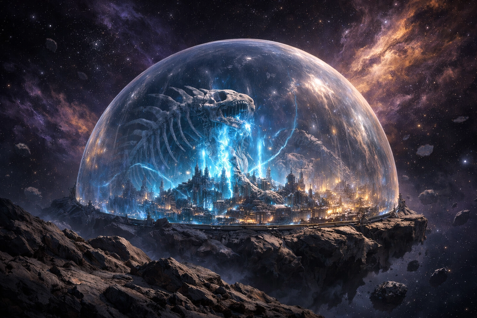 A glowing bio-dome city on a dark asteroid, reflecting the mystical space opera themes in new sci-fi books.