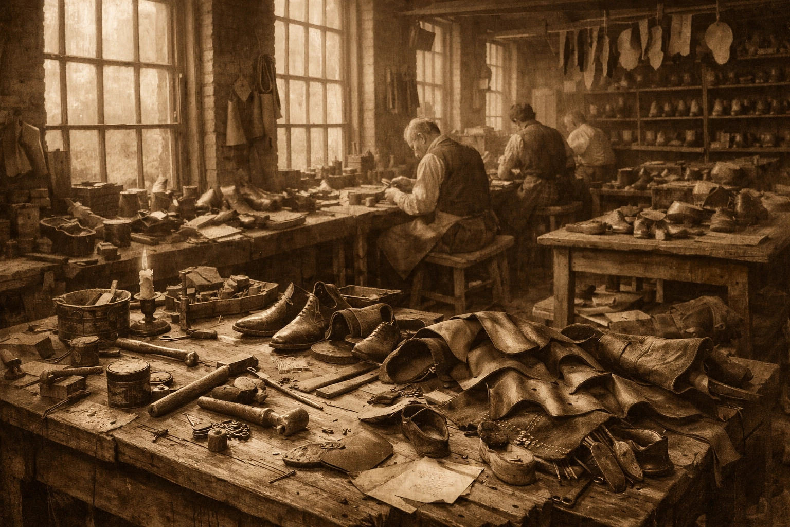 19th-century shoe factory workshop with hand tools and leather materials