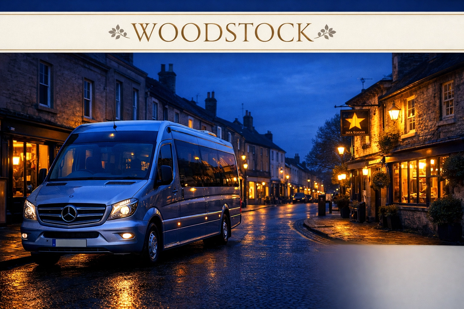 Tour minibus parked on Woodstock High Street with glowing shop windows at twilight.