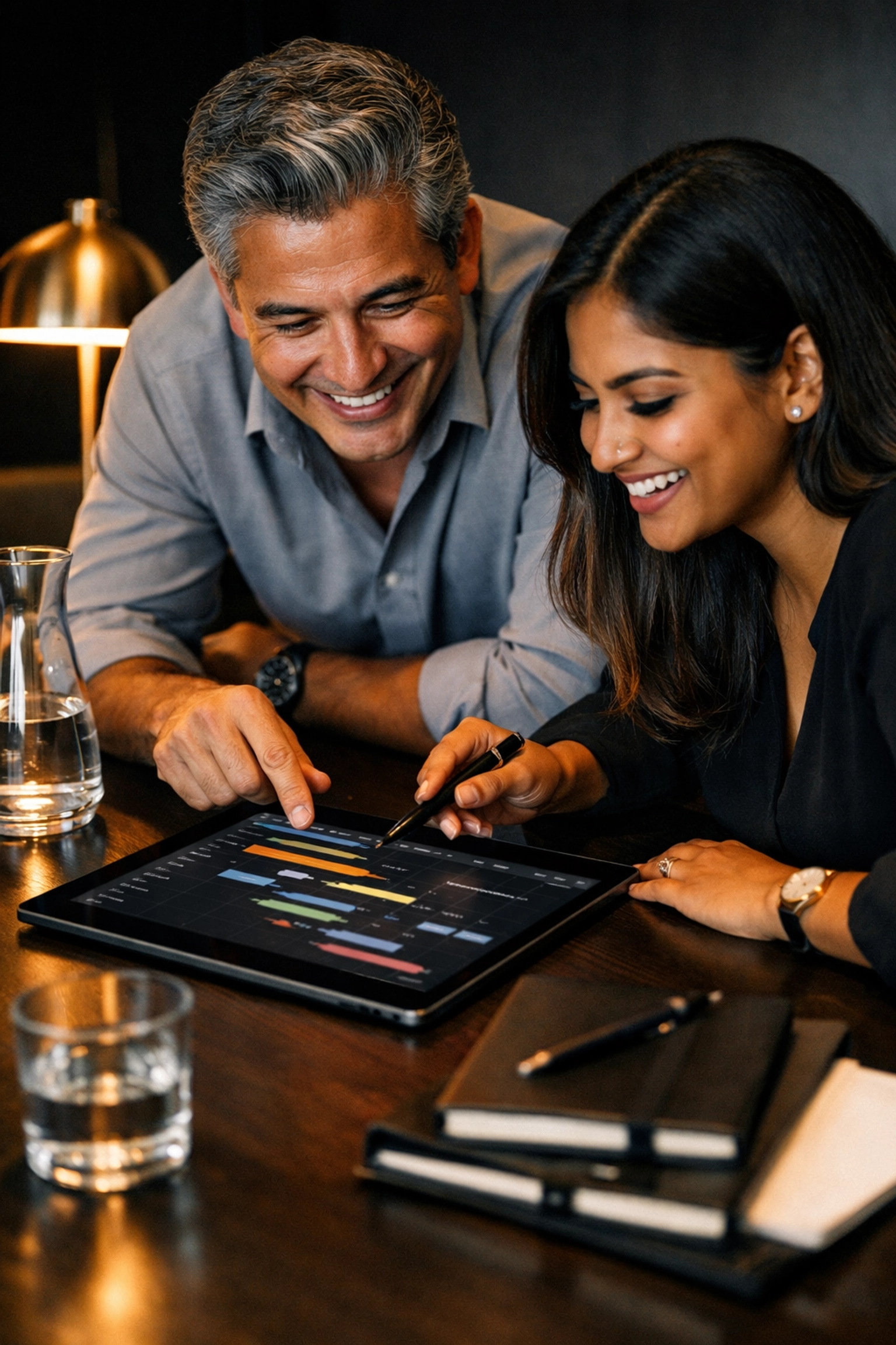 Diverse executives collaborating on a business development project timeline for impact focused private investment.