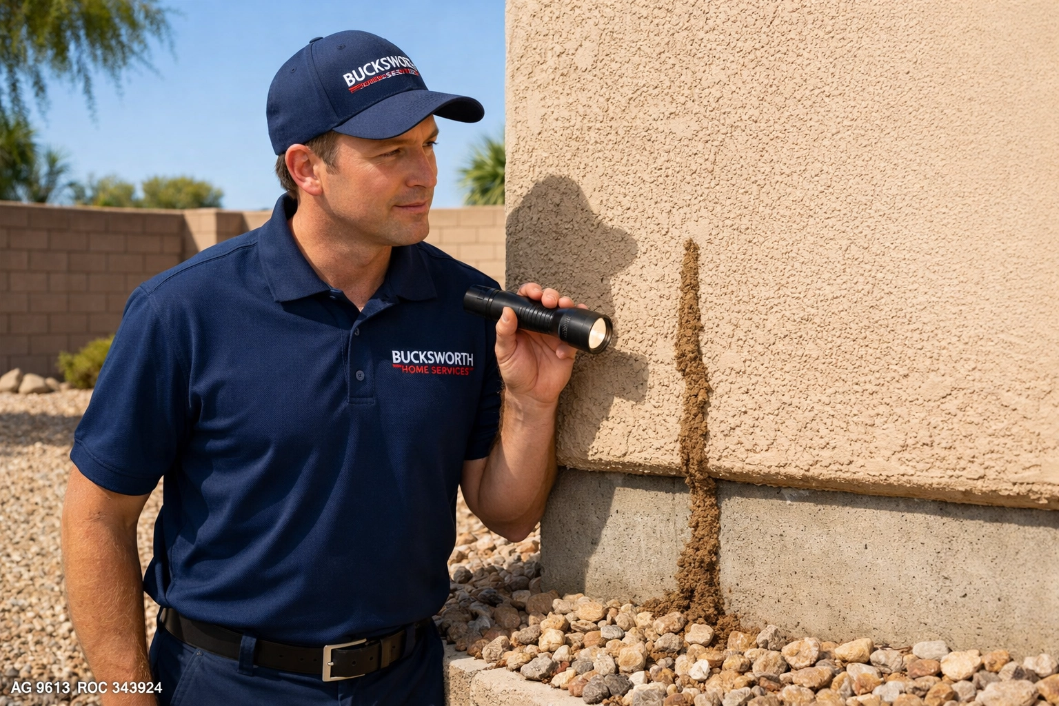 Bucksworth technician inspecting a Scottsdale home foundation for termite mud tubes and activity.