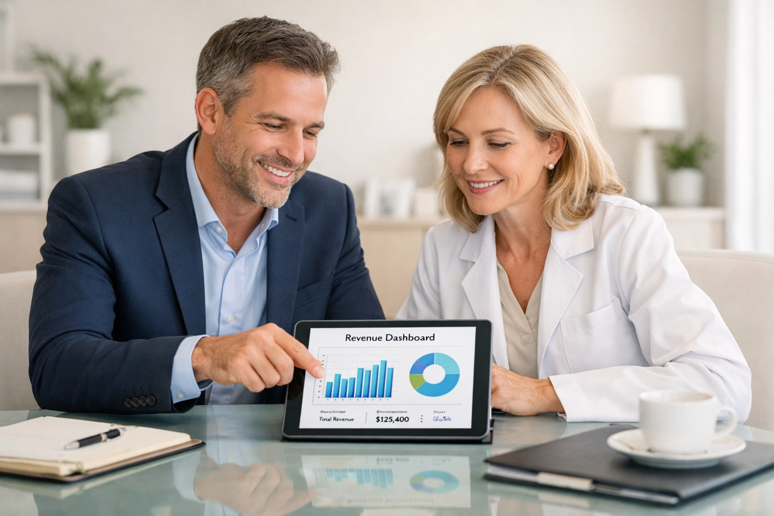 Is Your Current Biller Lying to You About Your "Clean Claim" Rate? Medical billing consultant and clinic director reviewing a transparent revenue dashboard on a tablet.