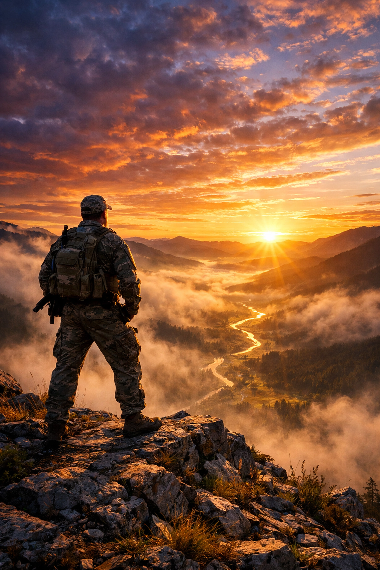 Veteran standing on a mountain peak representing confidence and clarity in the VA disability claims process.