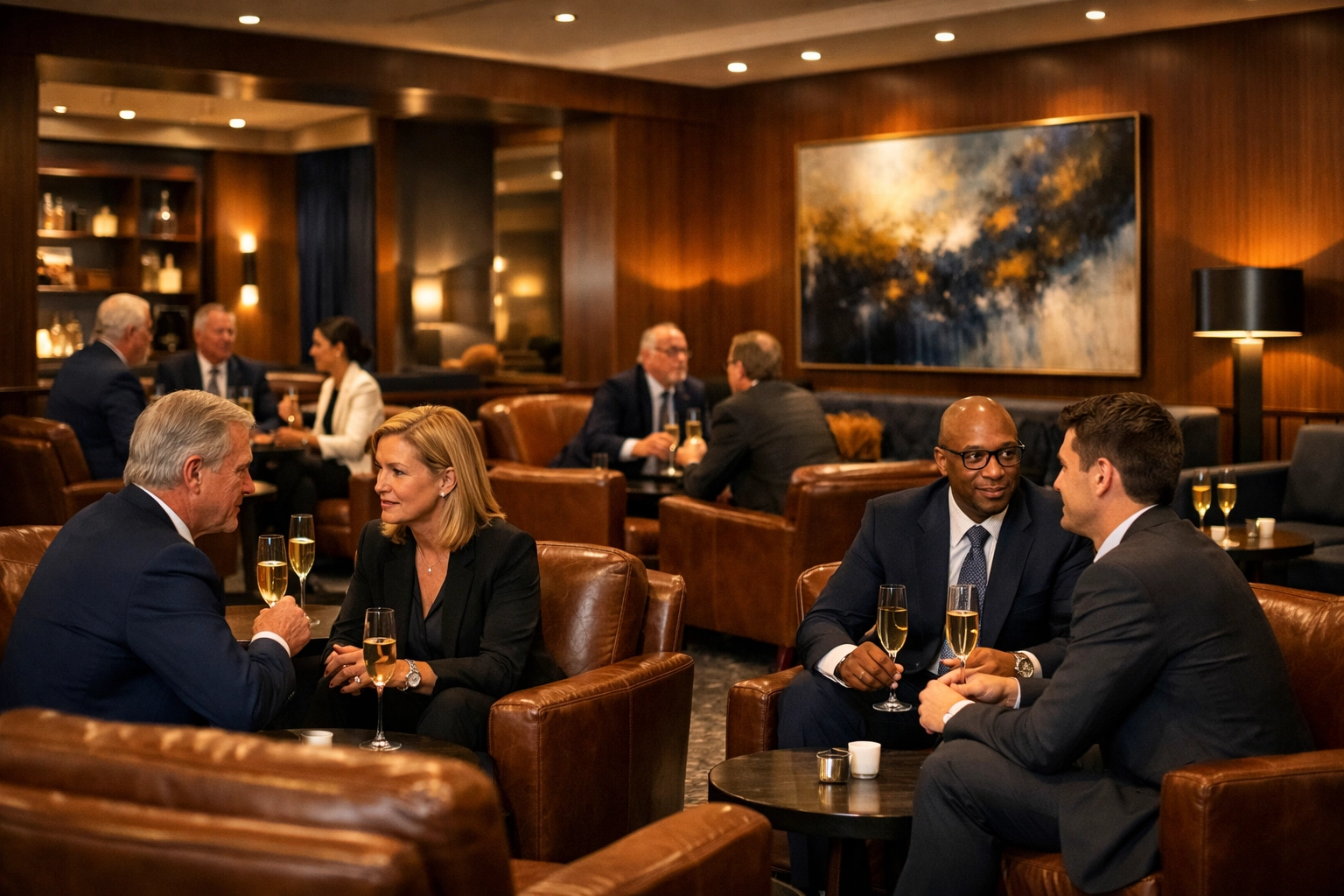 NEWSLETTER: Super Bowl Travel Secrets Revealed: What Industry Experts Don't Want You to Know About Executive Logistics Executives networking in exclusive lounge during Super Bowl corporate event